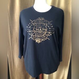 CHAPS Black Mid Sleeve Tee Gold Crest Silver Rhinestones